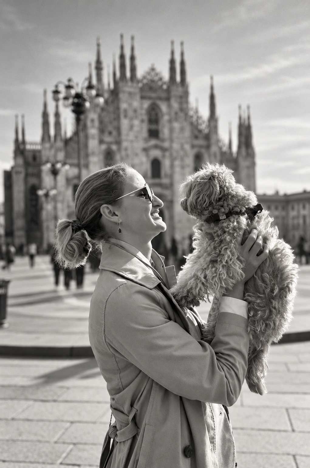Julia Grace holding her dog in front of Milan Cathedral